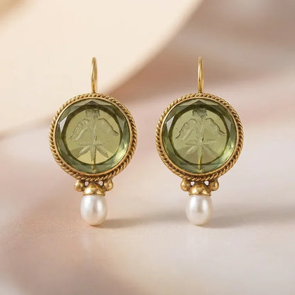 Vintage Hexagonal Green & Pearl Earrings