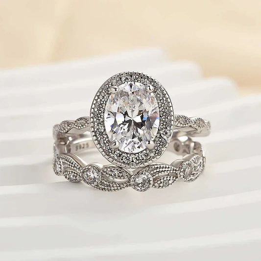 Leaf & Vine Art Deco Halo Oval Cut Ring Set
